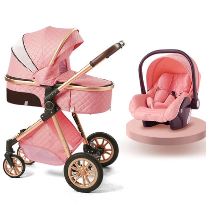 Fashion Baby Stroller 3 in 1 Folding Prams - Luxury Leather