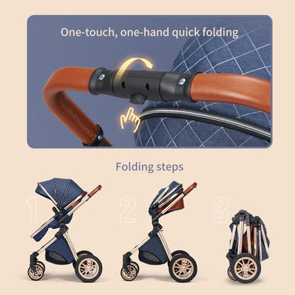 Fashion Baby Stroller 3 in 1 Folding Prams - Luxury Leather
